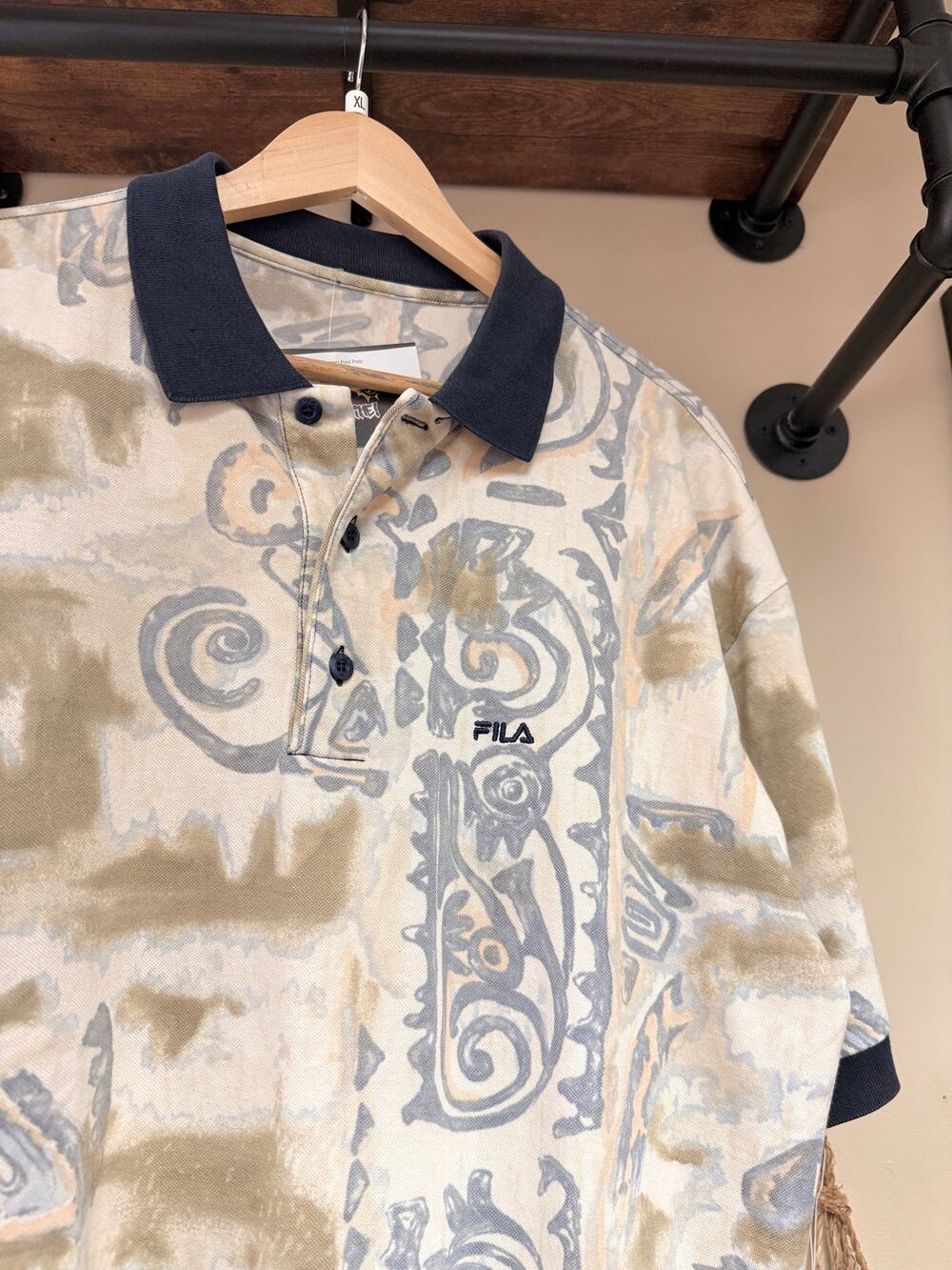 90s Fila Vintage Abstract Art Hieroglyphic Print Tan Polo Shirt Fubu Tennis